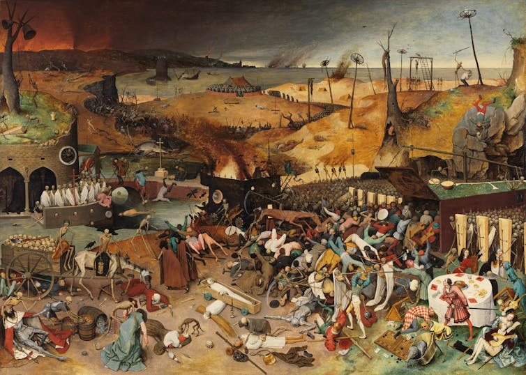 Painting of a grim landscape destroyed by plague